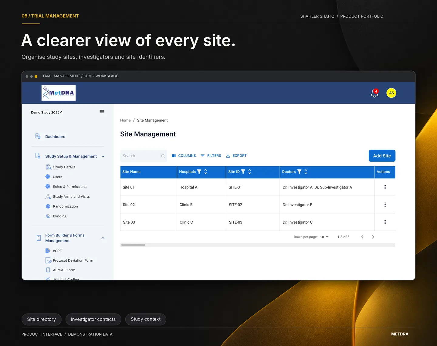 A clearer view of every site. Organise study sites, investigators and site identifiers.