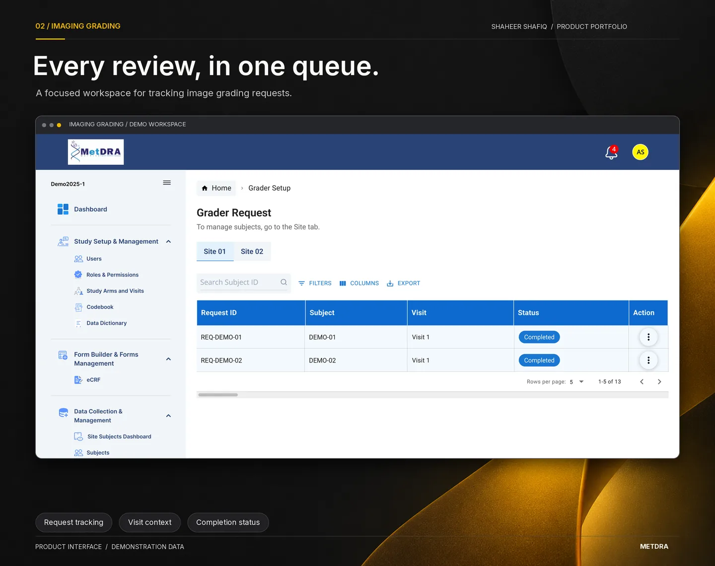 Every review, in one queue. Track image grading requests and completion status.